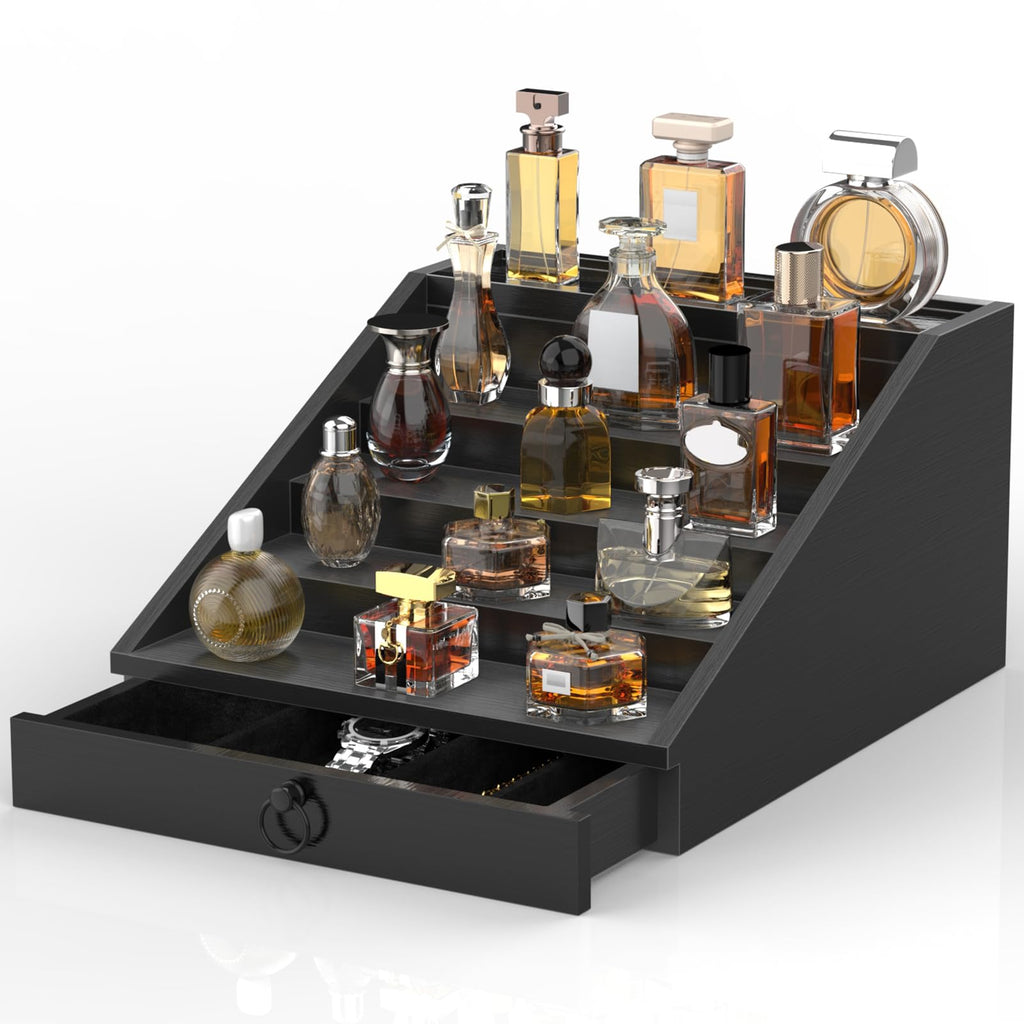 upcessory Wooden Cologne Organizer for Men Enhanced 5 Tier Cologne Stand Shelf Perfume Organizer with Velvet Lined Drawer & Hidden Storage Perfume Display Holder for Dresser Nice Gift (Classy Black)